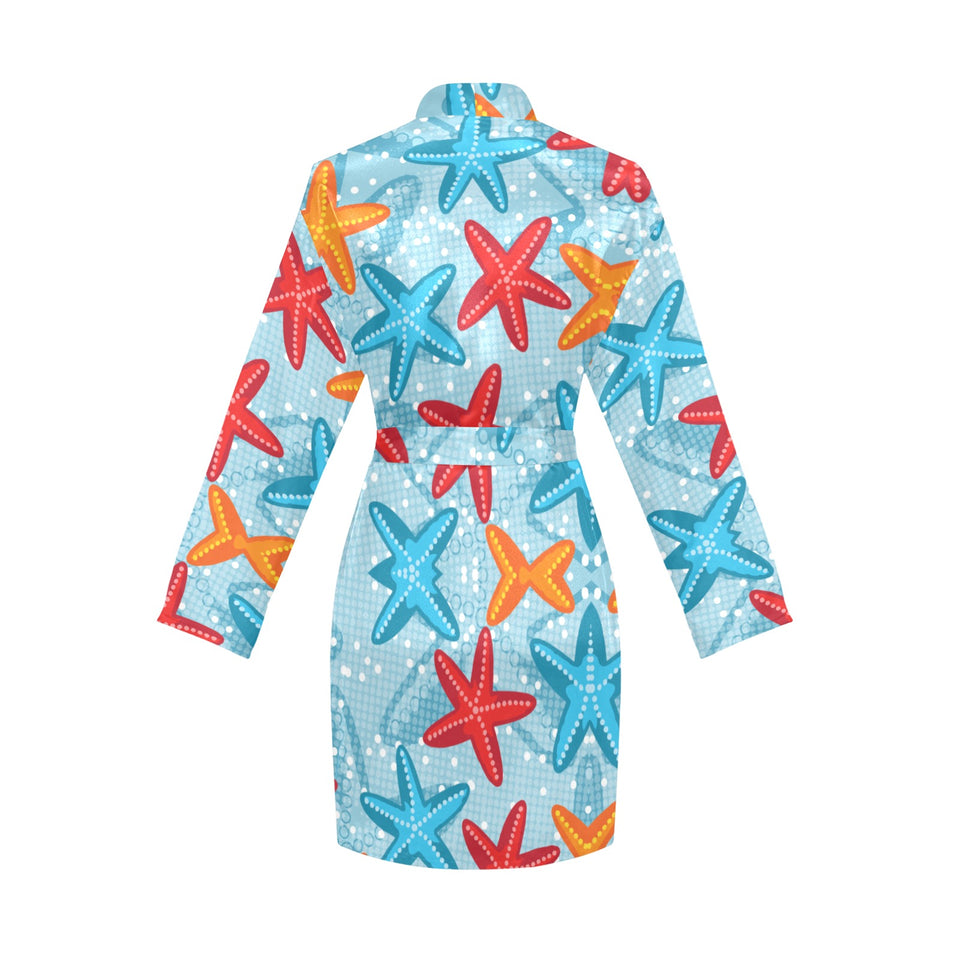 Blue red orange starfish pattern Women's Long Sleeve Belted Night Robe