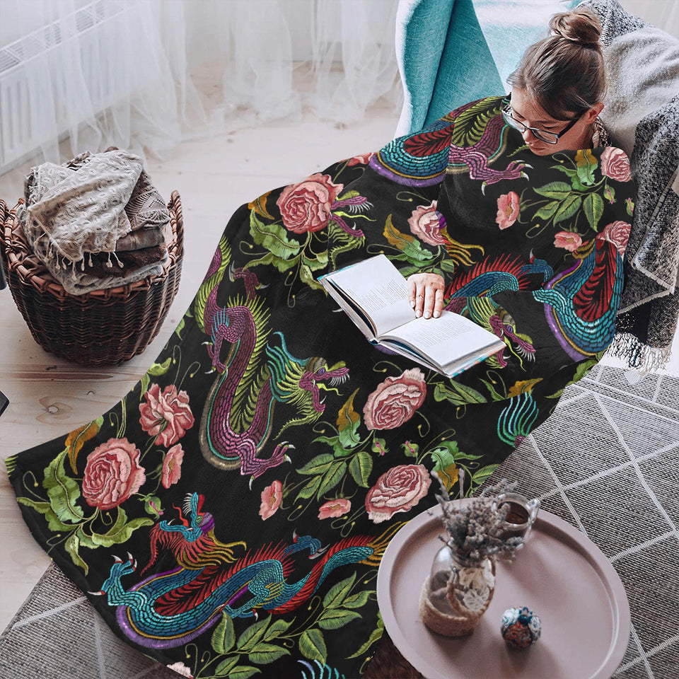 Dragons flower pattern Blanket Robe with Sleeves