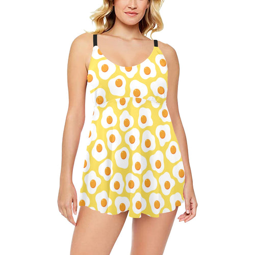 Fried Eggs Pattern Print Design 05 Chest Sexy Pleated Two Piece Swim Dress