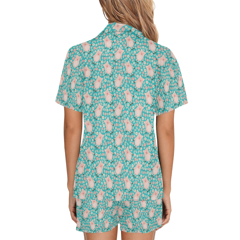 Pig Pattern Print Design 01 Women's V-Neck Short Pajama Set