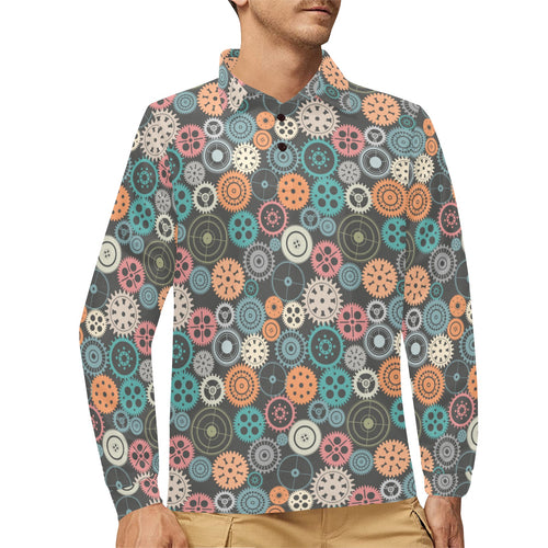 Gear Pattern Print Design 05 Men's Long Sleeve Polo Shirt