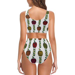 colorful apples leave zebra stripe Chest Bowknot High Waisted Bikini Swimsuit