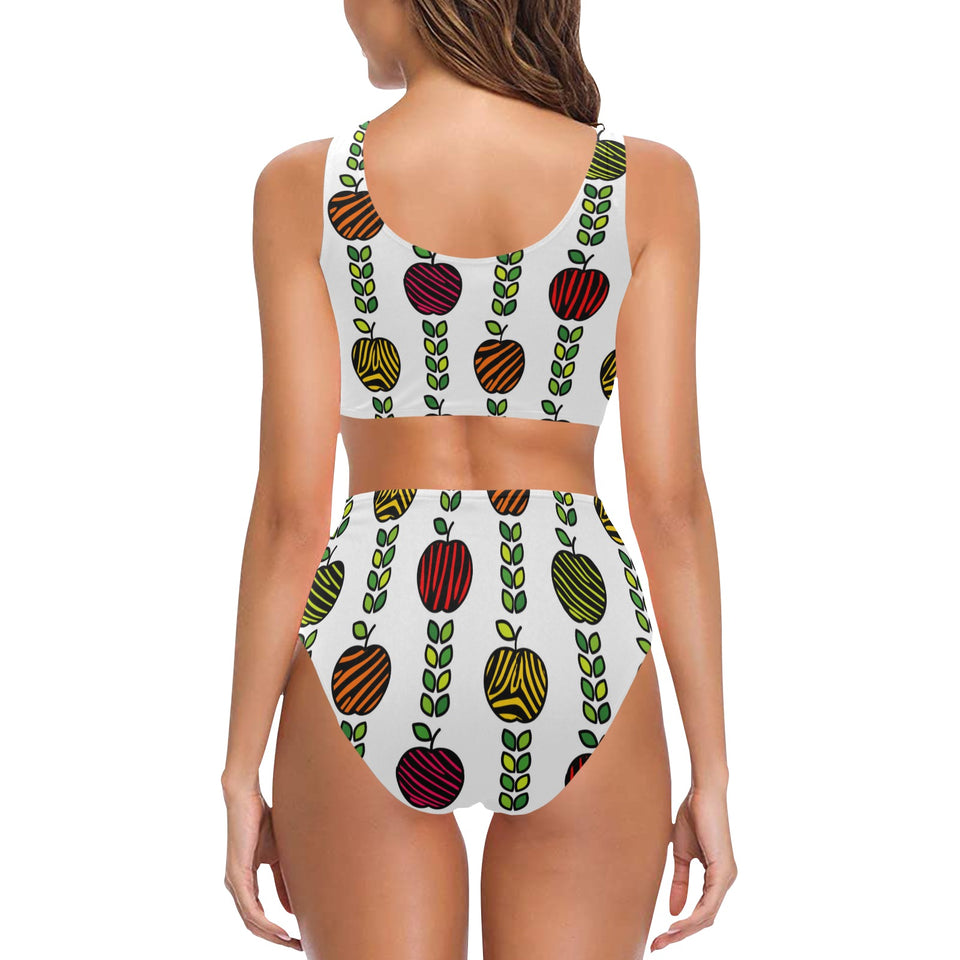 colorful apples leave zebra stripe Chest Bowknot High Waisted Bikini Swimsuit
