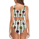 colorful apples leave zebra stripe Chest Bowknot High Waisted Bikini Swimsuit