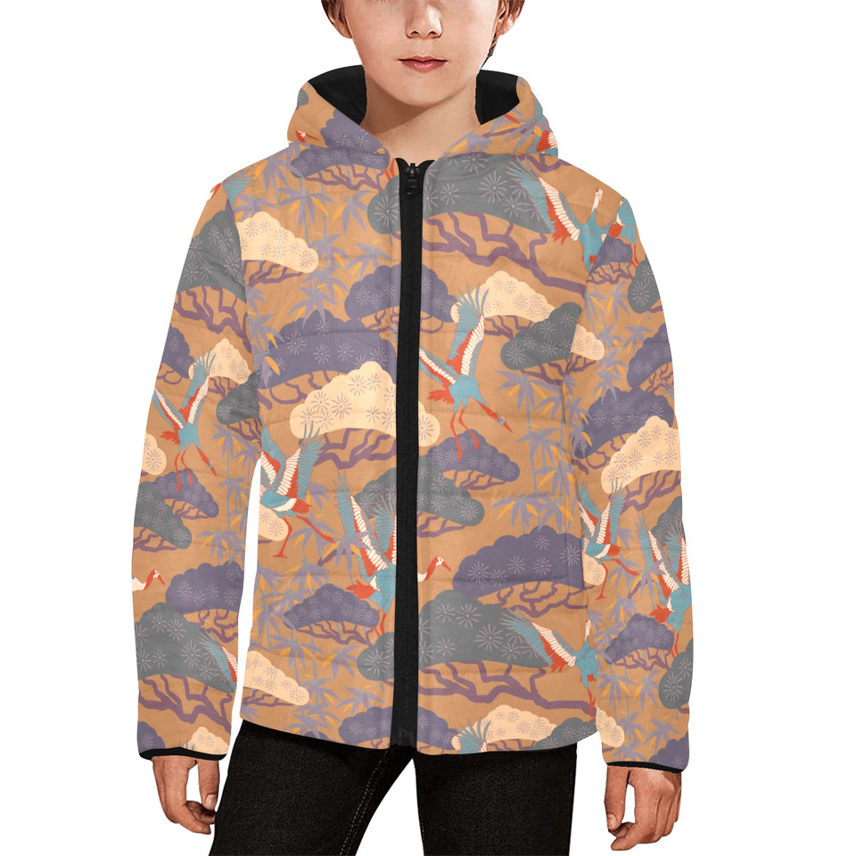Bonsai bamboo stork japanese pattern brown theme Kids' Boys' Girls' Padded Hooded Jacket