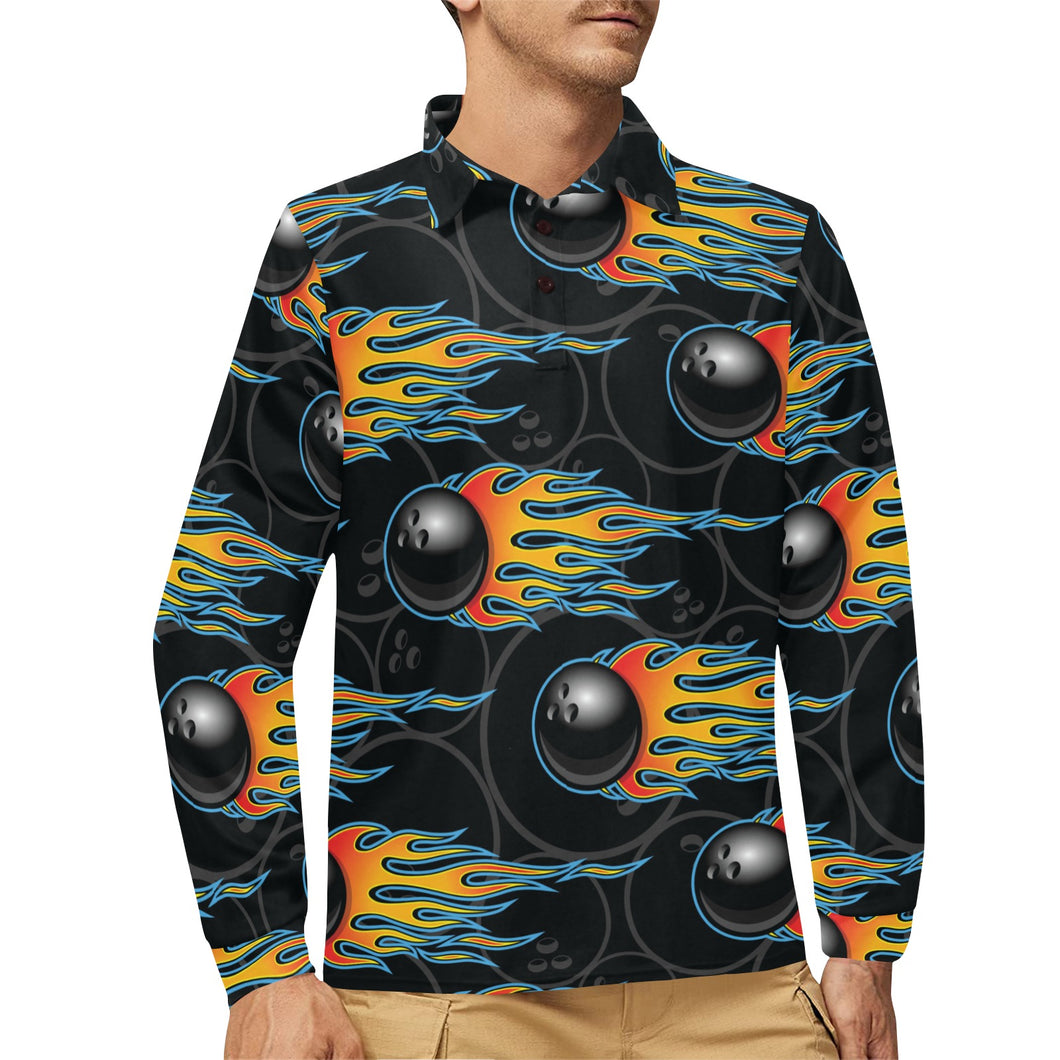 Bowling balls flame pattern Men's Long Sleeve Polo Shirt