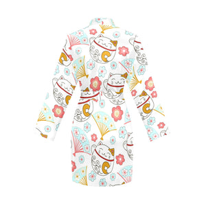 Maneki neko cat fan sakura Women's Long Sleeve Belted Night Robe