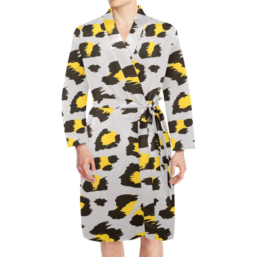 Gray Leopard print pattern Men's Long Sleeve Belted Night Robe