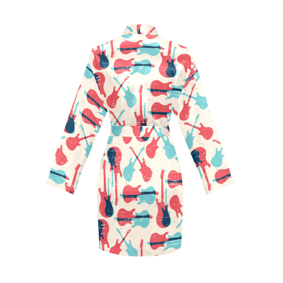 Red Blue guitar pattern Women's Long Sleeve Belted Night Robe