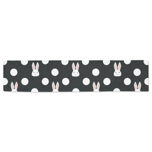 Cute white rabbit polka dots black background Table Runner