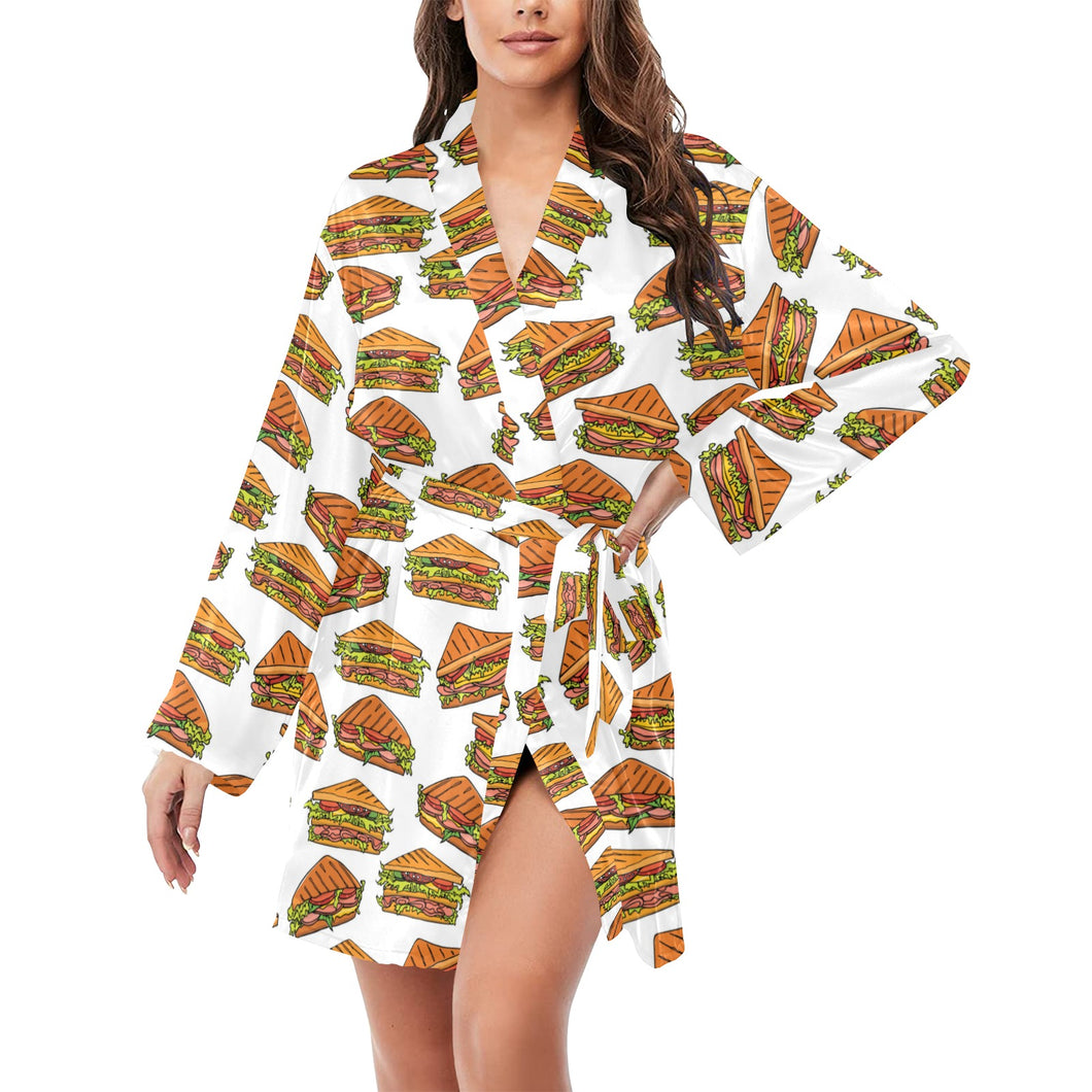 Sandwich Pattern Print Design 02 Women's Long Sleeve Belted Night Robe