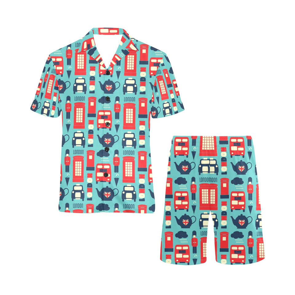British Pattern Print Design 04 Men's V-Neck Short Pajama Set