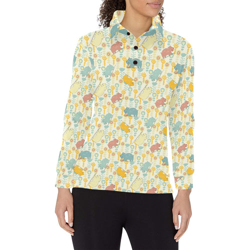 Hippopotamus Pattern Print Design 04 Women's Long Sleeve Polo Shirt