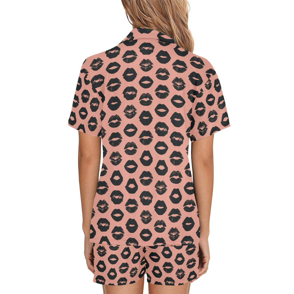 Lips Pattern Print Design 02 Women's V-Neck Short Pajama Set