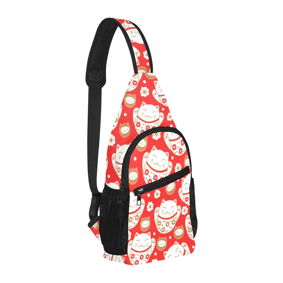 Cute Maneki neko cat red background All Over Print Chest Bag