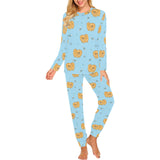 Brown cute pomeranian blue blackground Women's All Over Print Pajama Set