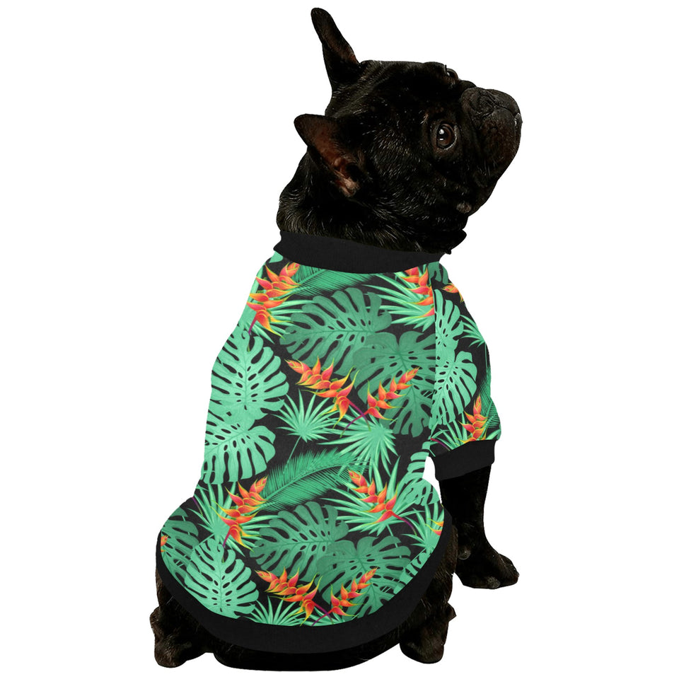 heliconia flower palm monstera leaves black backgr All Over Print Pet Dog Round Neck Fuzzy Shirt