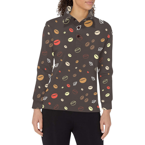 Coffee bean leave pattern Women's Long Sleeve Polo Shirt