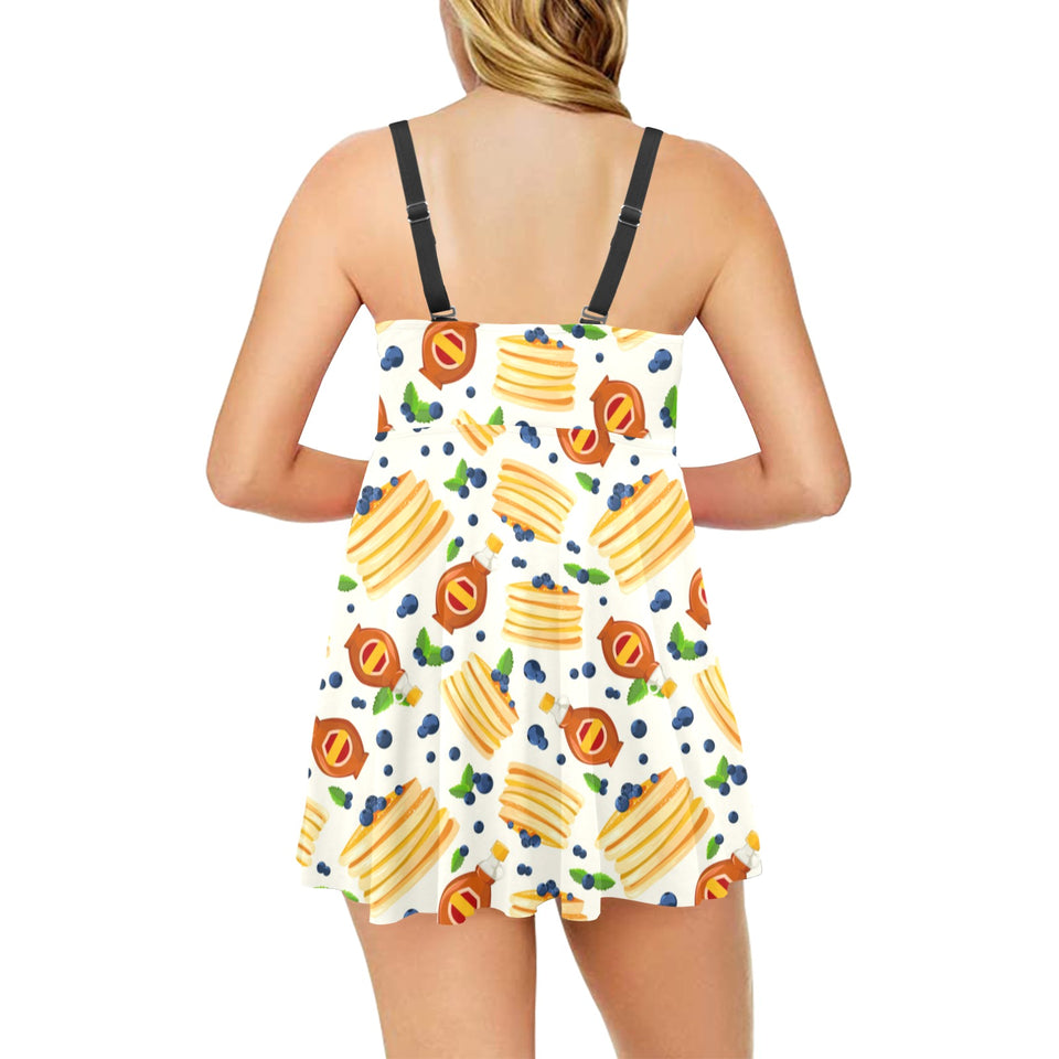 Pancake Pattern Print Design 02 Chest Sexy Pleated Two Piece Swim Dress