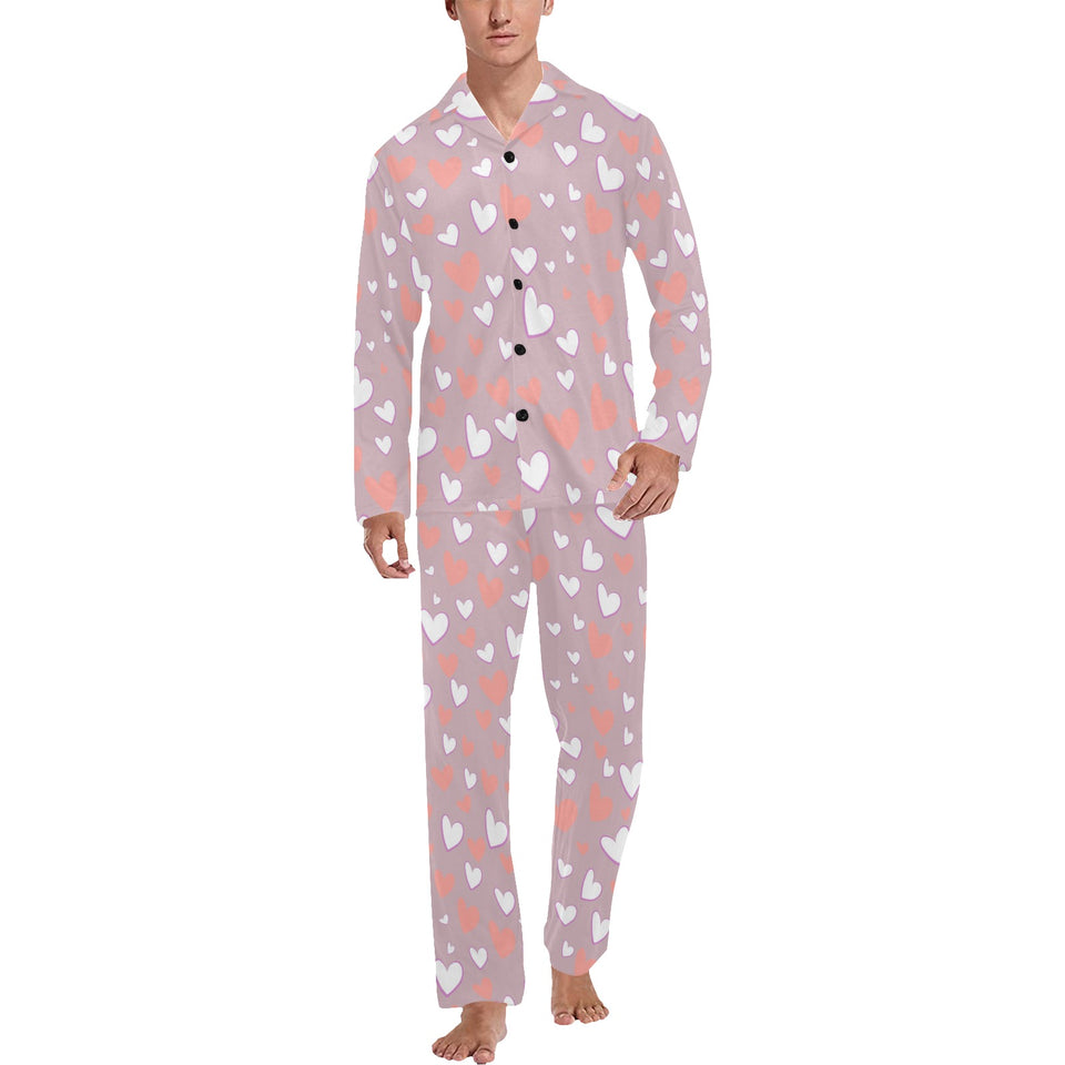 coral white heart pattern Men's Long Pajama Set