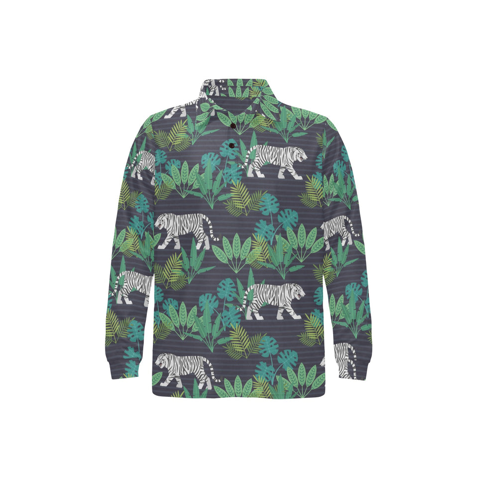 white bengal tigers tropical plant Men's Long Sleeve Polo Shirt