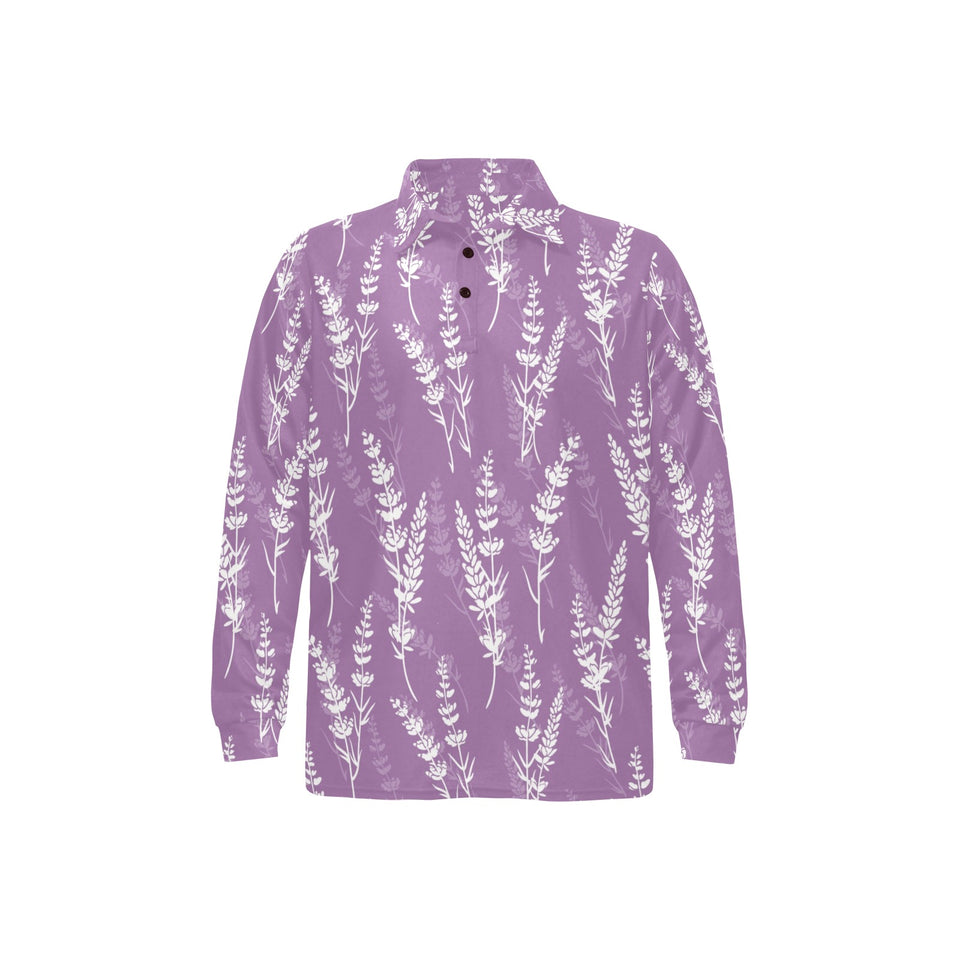 Lavender flowers purple pattern Men's Long Sleeve Polo Shirt