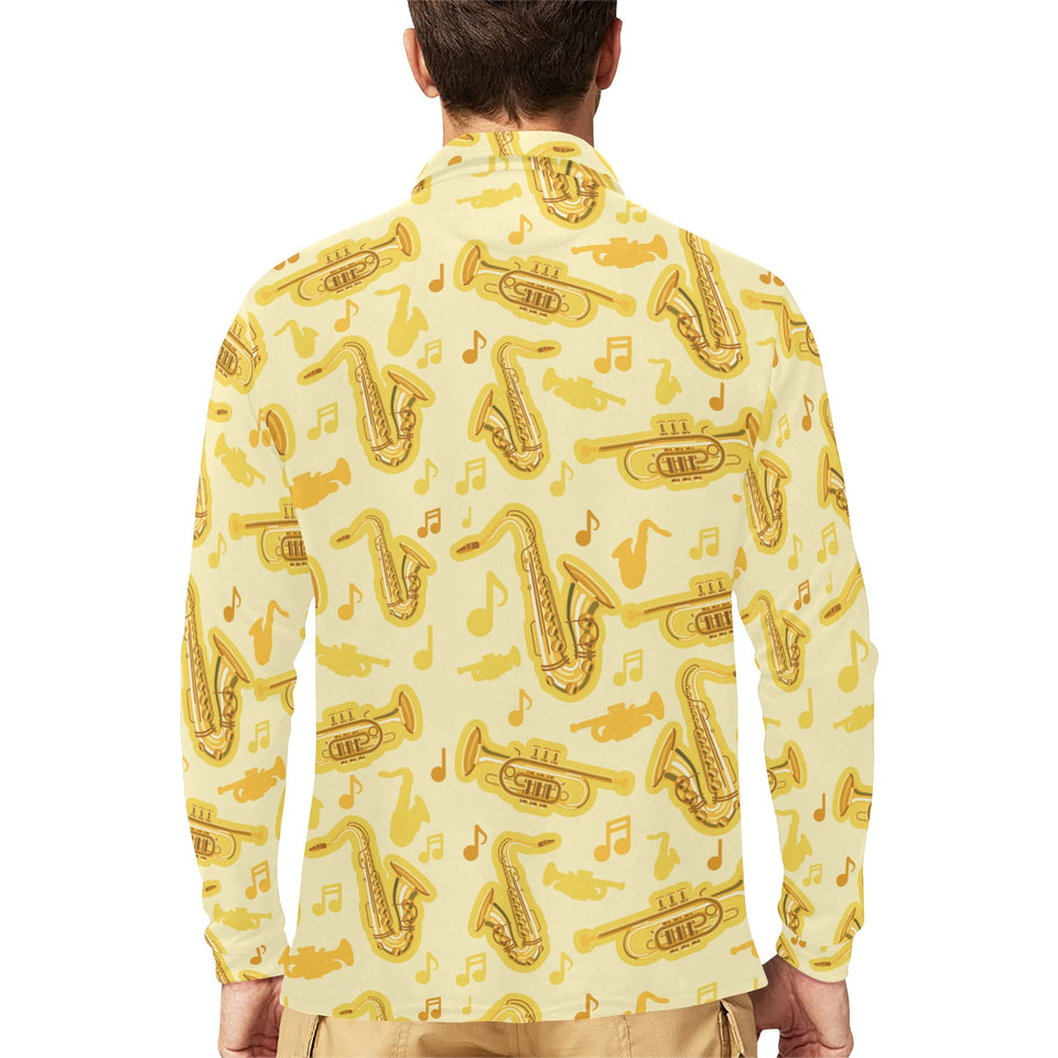 Saxophone cornet pattern yellow background Men's Long Sleeve Polo Shirt