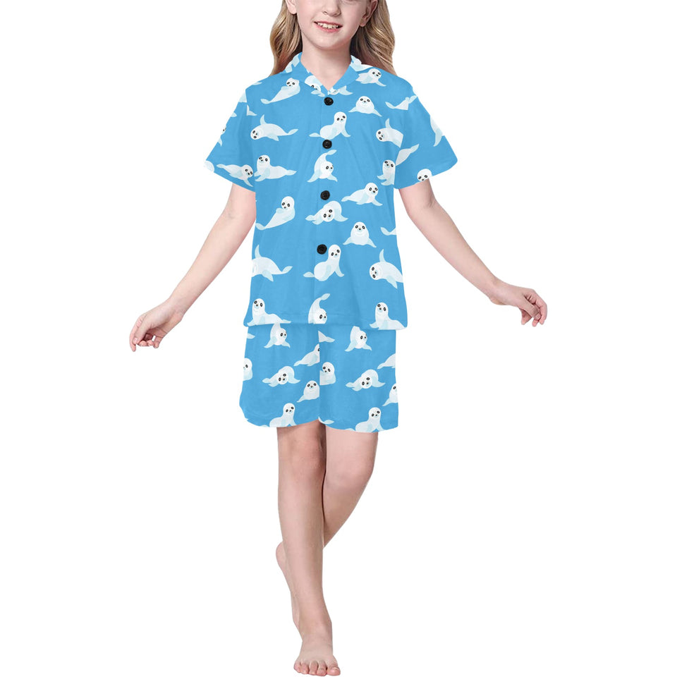 Cute sea lion seal pattern background Kids' Boys' Girls' V-Neck Short Pajama Set
