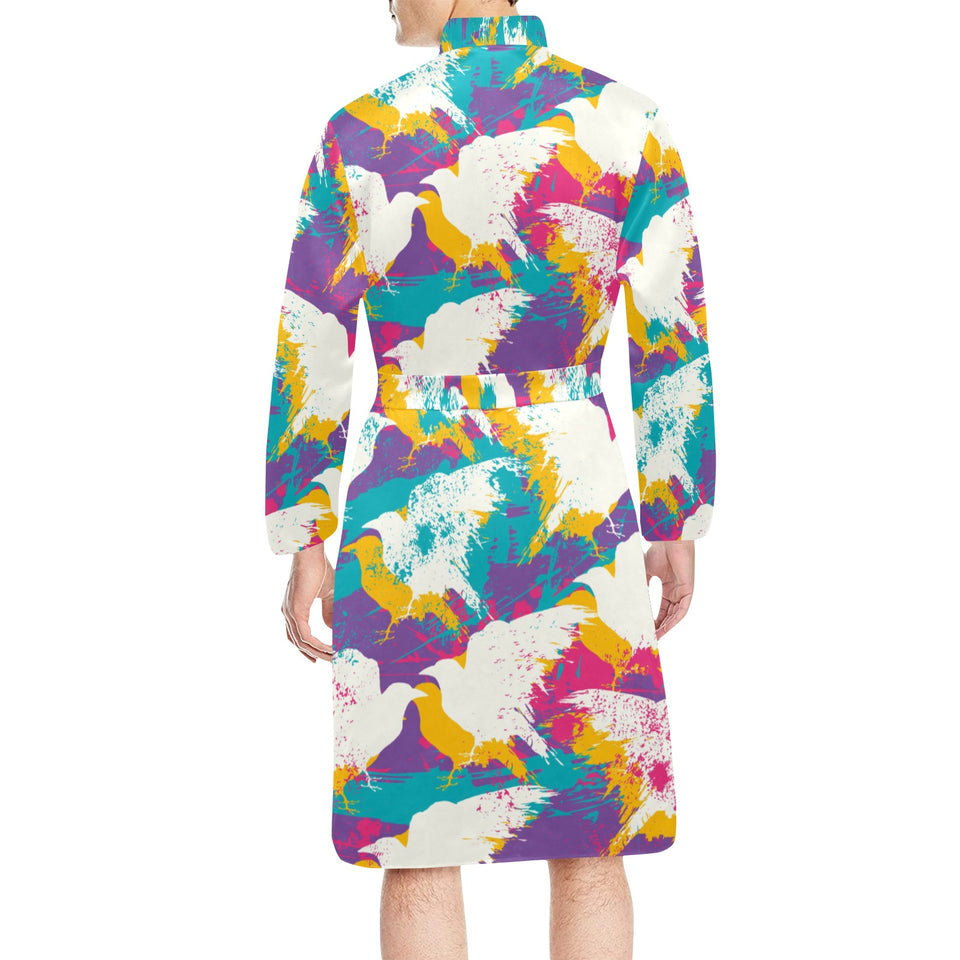 Colorful crow illustration pattern Men's Long Sleeve Belted Night Robe