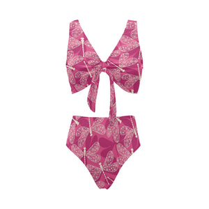 Beautiful dragonfly pink background Chest Bowknot High Waisted Bikini Swimsuit