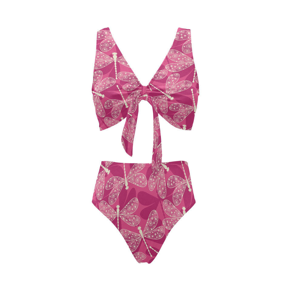 Beautiful dragonfly pink background Chest Bowknot High Waisted Bikini Swimsuit
