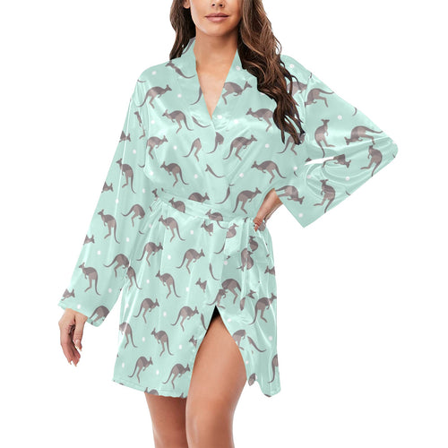 Kangaroo pattern background Women's Long Sleeve Belted Night Robe