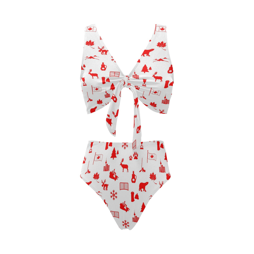 Canada Pattern Print Design 04 Chest Bowknot High Waisted Bikini Swimsuit