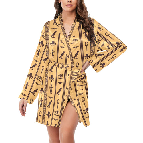 Egypt Hieroglyphics Pattern Print Design 02 Women's Long Sleeve Belted Night Robe