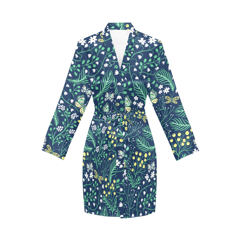 butterfly leaves pattern Women's Long Sleeve Belted Night Robe