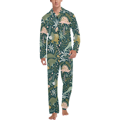 dinosaurs tropical leaves flower pattern Men's Long Pajama Set