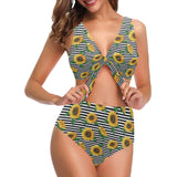 sunflowers ribbon background Chest Bowknot High Waisted Bikini Swimsuit