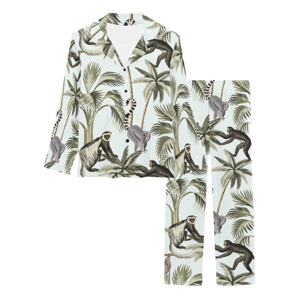 Monkey sloth lemur palm trees pattern Women's Long Pajama Set