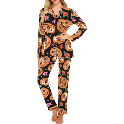Pumpkin flowers spiderweb Halloween theme Women's Long Pajama Set