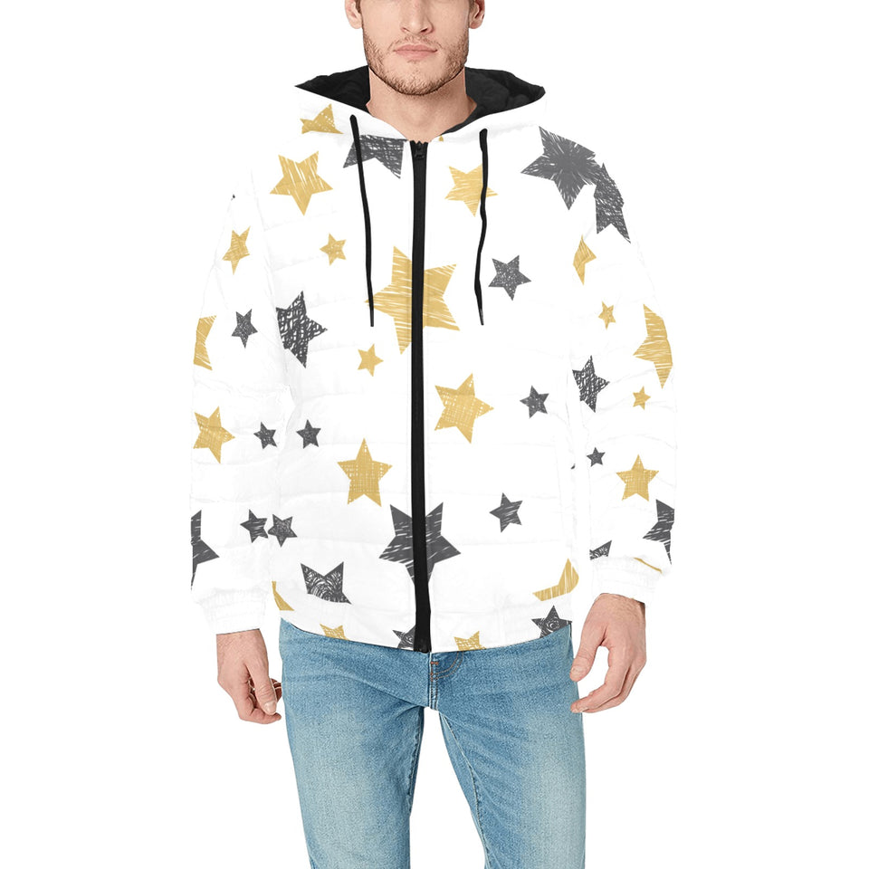 hand drawn gold black star pattern Men's Padded Hooded Jacket