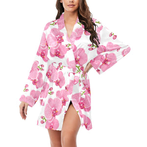 pink purple orchid pattern background Women's Long Sleeve Belted Night Robe