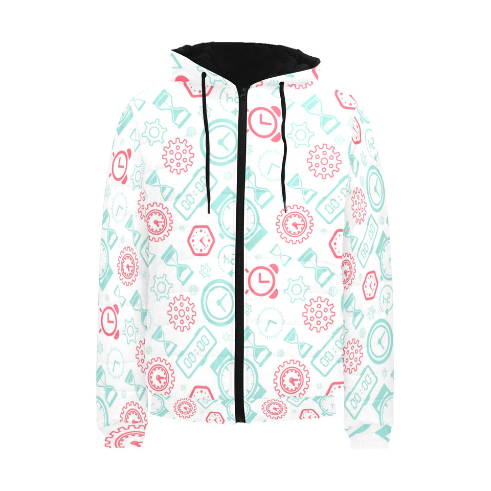 Clock time pattern blackground Men's Padded Hooded Jacket
