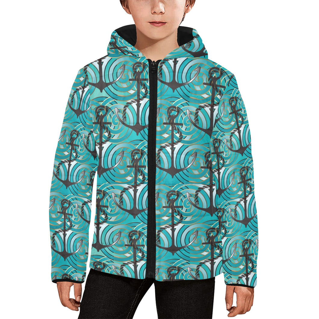Anchor nautical green background Kids' Boys' Girls' Padded Hooded Jacket