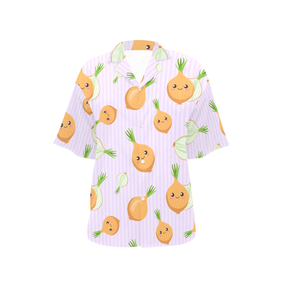 cute onions smiling faces purple background Women's All Over Print Hawaiian Shirt