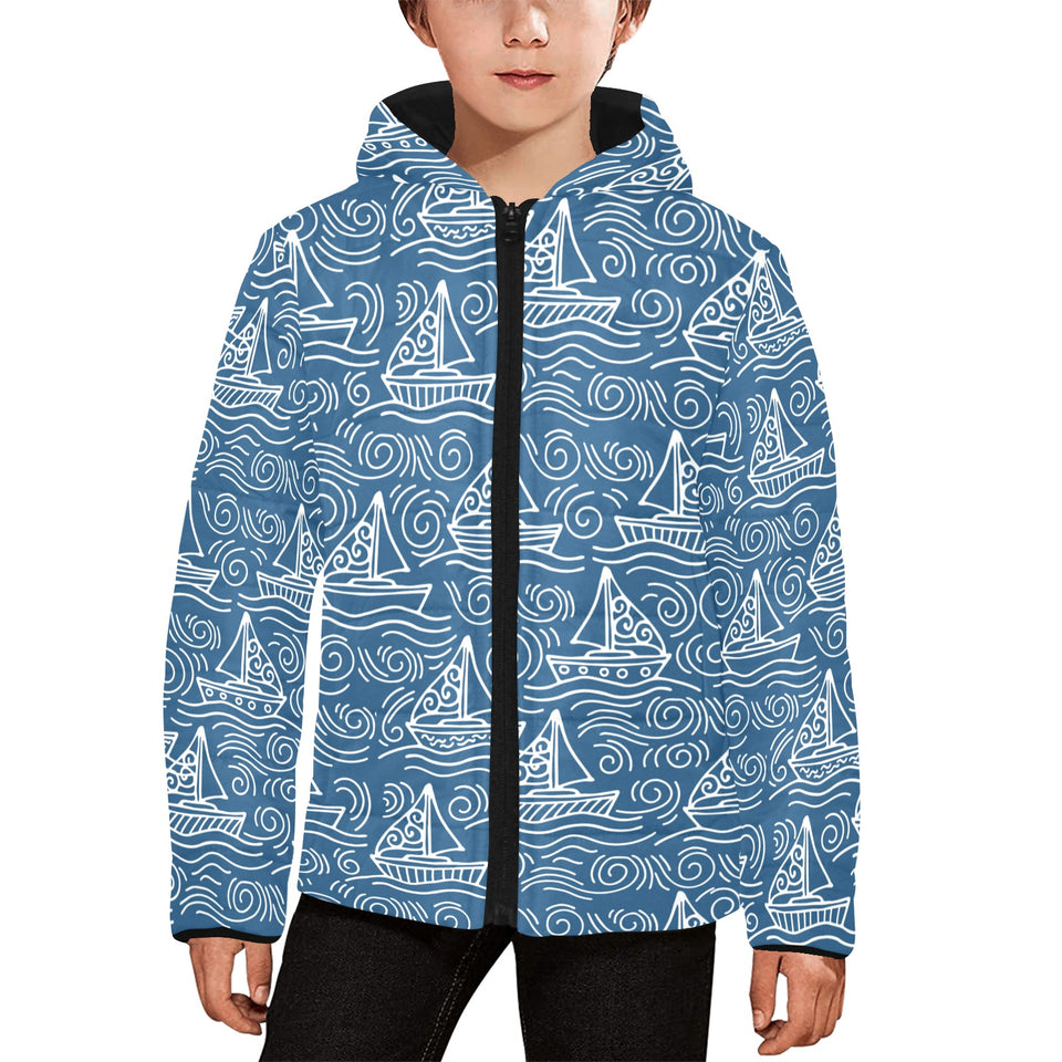 Hand drawn sailboat pattern Kids' Boys' Girls' Padded Hooded Jacket