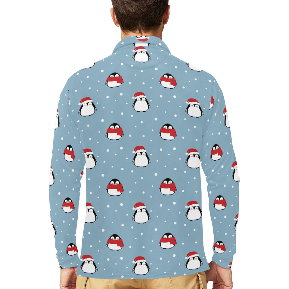 Cute penguin christmas snow pattern Men's Long Sleeve Polo Shirt