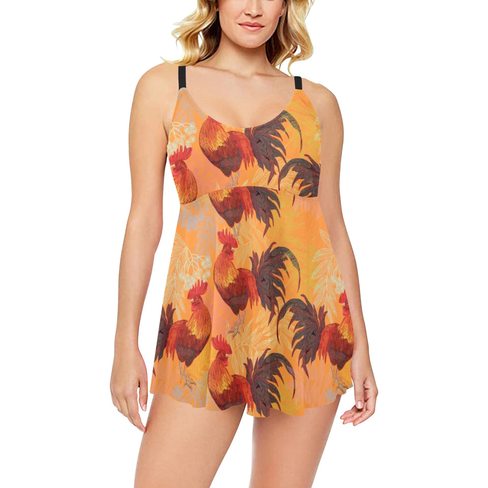 red rooster chicken cock pattern Chest Sexy Pleated Two Piece Swim Dress