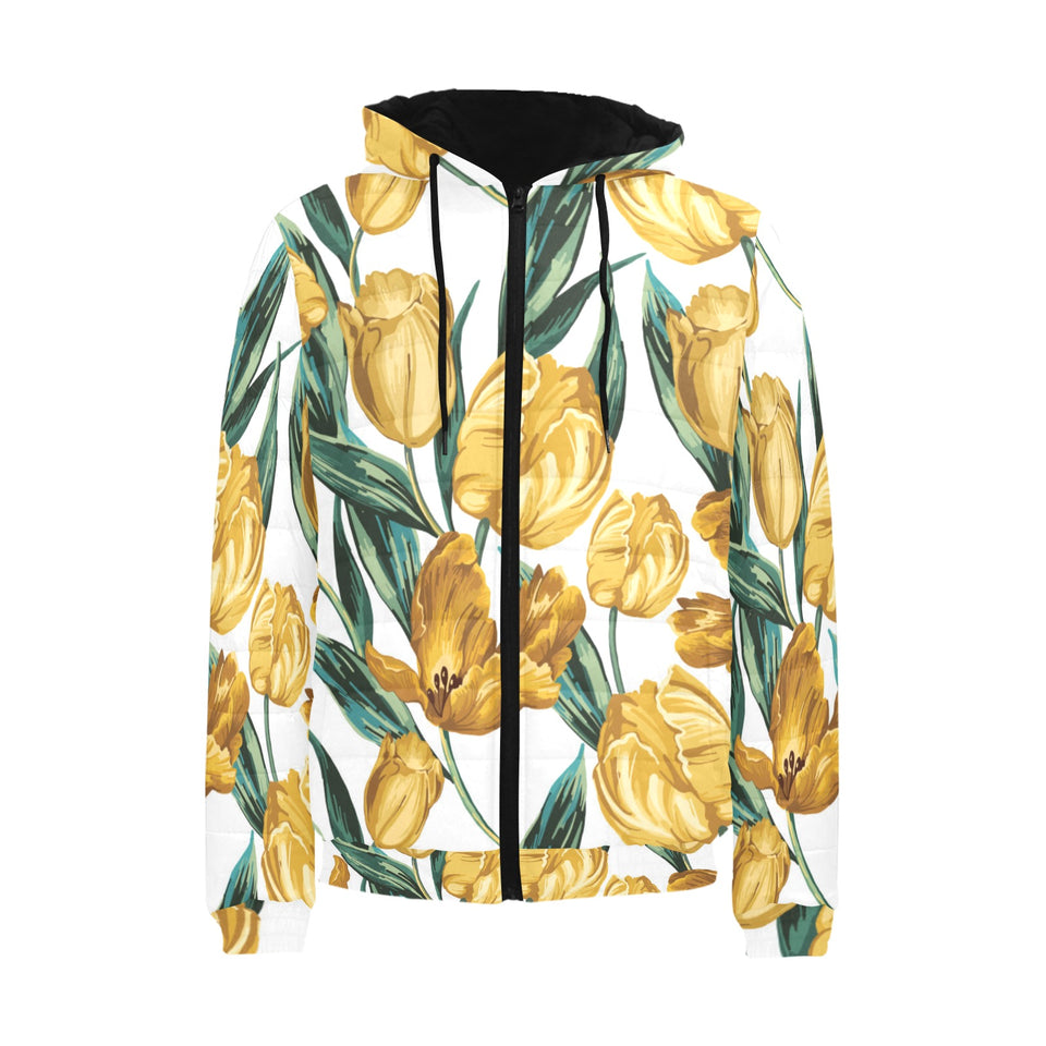 yellow tulips pattern Men's Padded Hooded Jacket