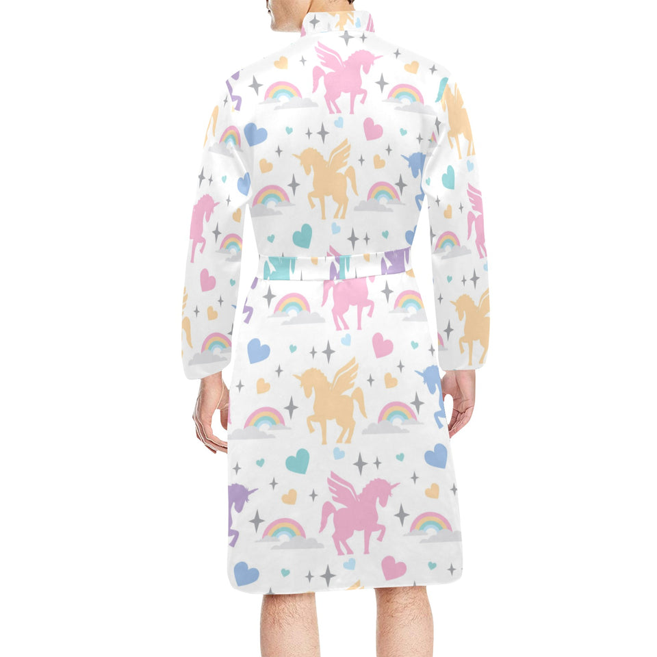 colorful unicorn rainbow heart pattern Men's Long Sleeve Belted Night Robe