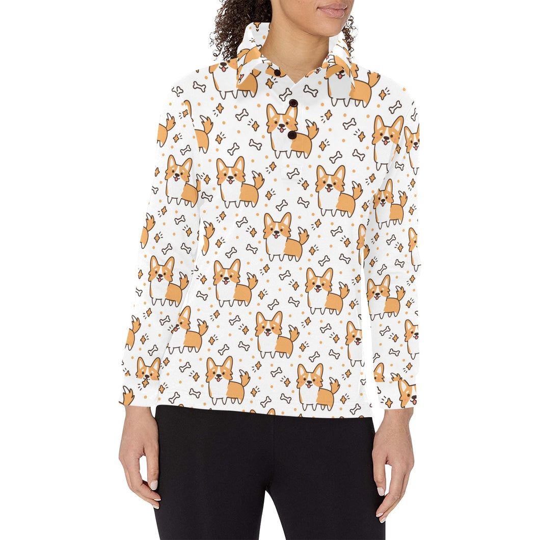 Cute corgi heart star bone pattern Women's Long Sleeve Polo Shirt